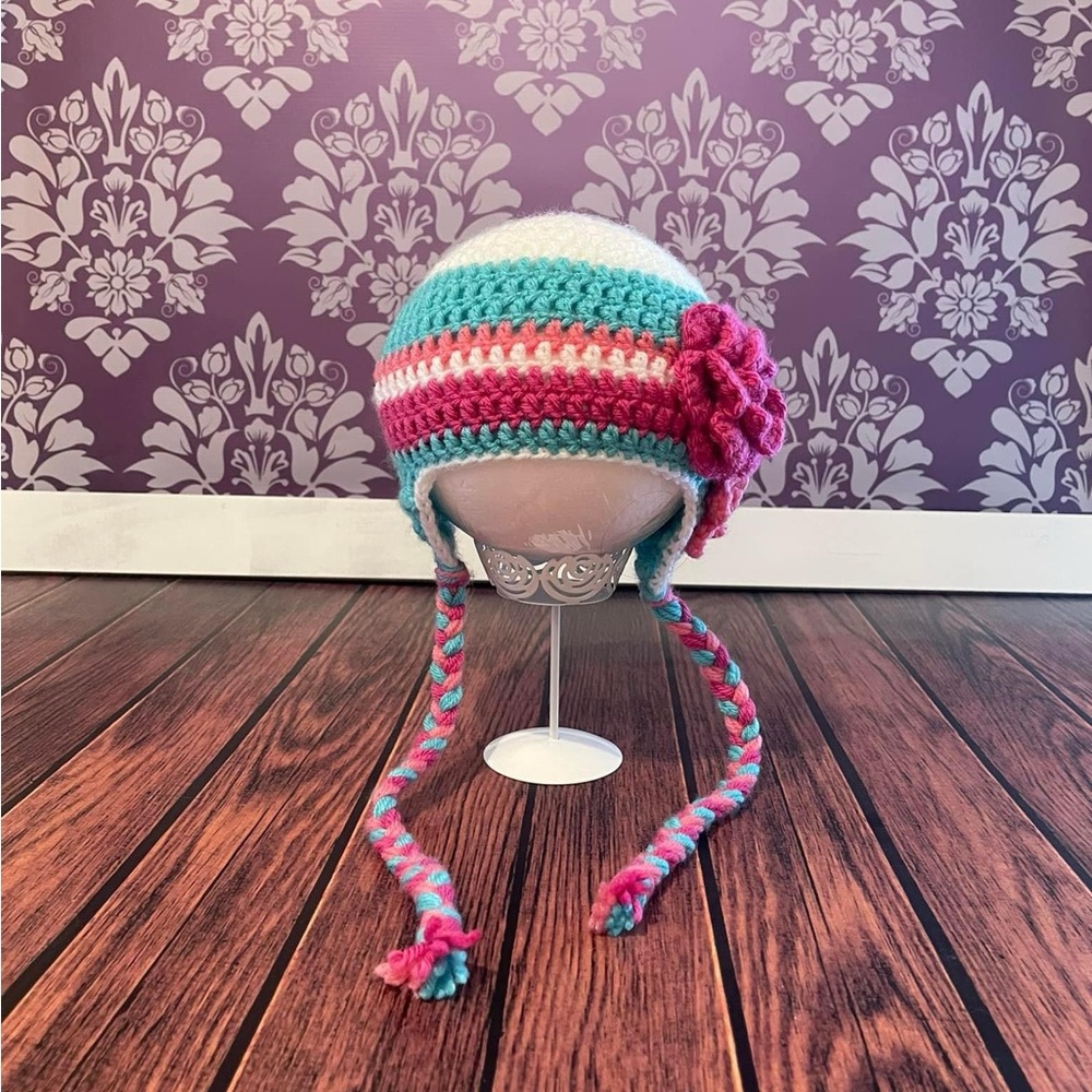 Crochet White, Pinks & Blue Earflap Hat